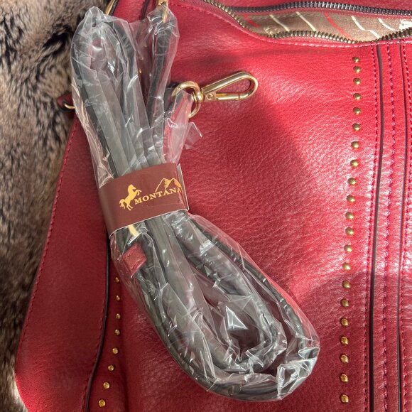 Montana West Red Large Leather Bag with Studded Shoulder Strap - Picture 4 of 4